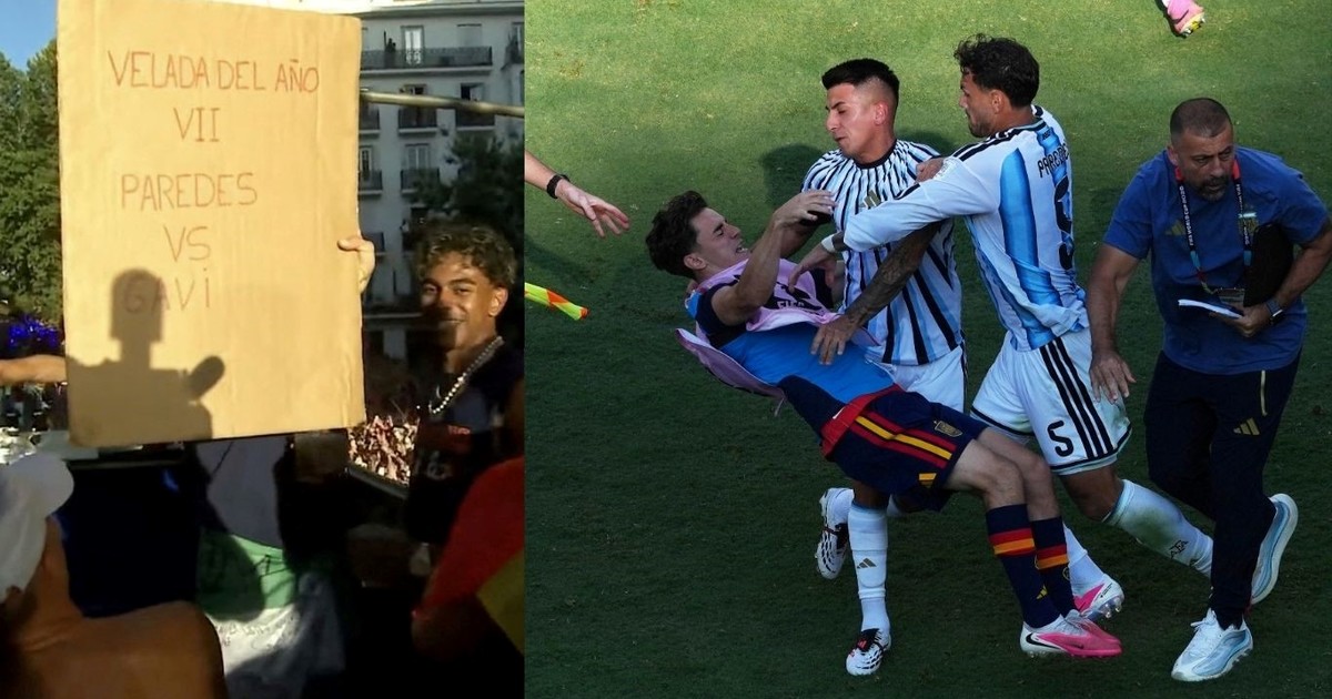 Lamine Yamal con un cartel sobre Paredes en el festejo de España - Radio Vida Maciá